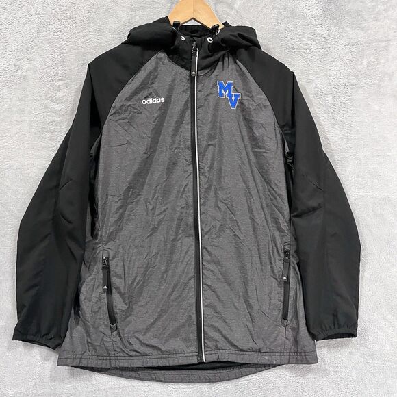 Adidas Jacket Men's M Full Zip Black Gray Nylon Blend Hooded - Picture 1 of 8